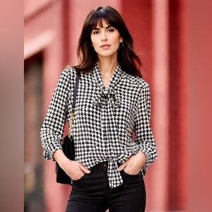 NWOT - Kardashian Kollection Houndstooth Print Blouse with Neck Bow tie